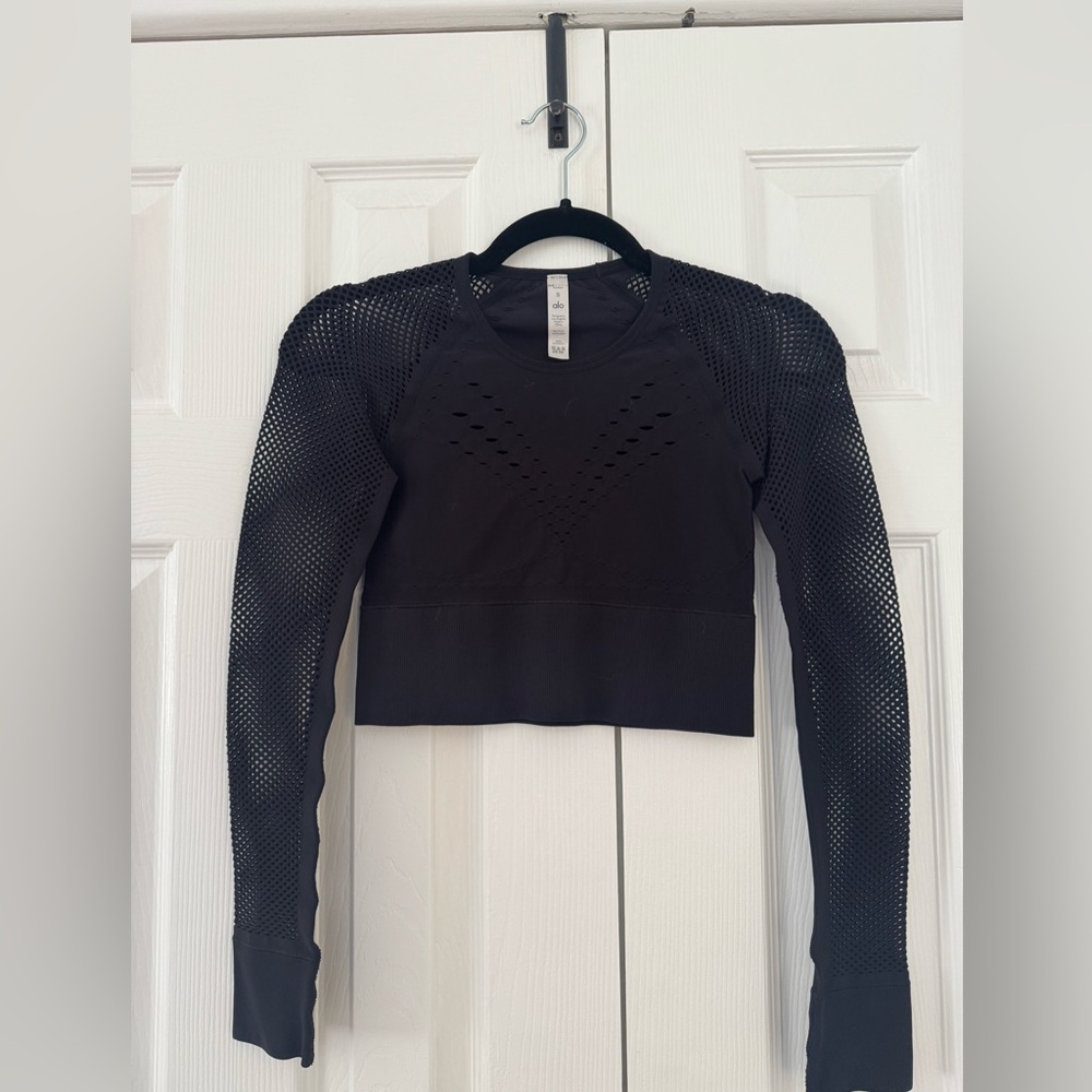 Black Mesh Long Sleeve Crop Top - Alo Yoga
